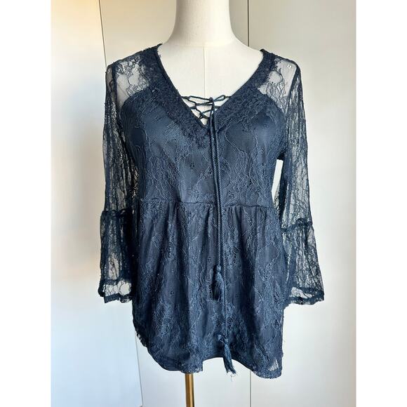 Lace Bohemian Lace Top Size Large whimsy Goth Large Dark Blue - Picture 2 of 10